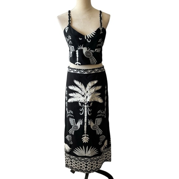 Rachel Zoe Black Linen Two Piece Skirt Pom Pom Tropical Print Vacation Resort M - Picture 1 of 8